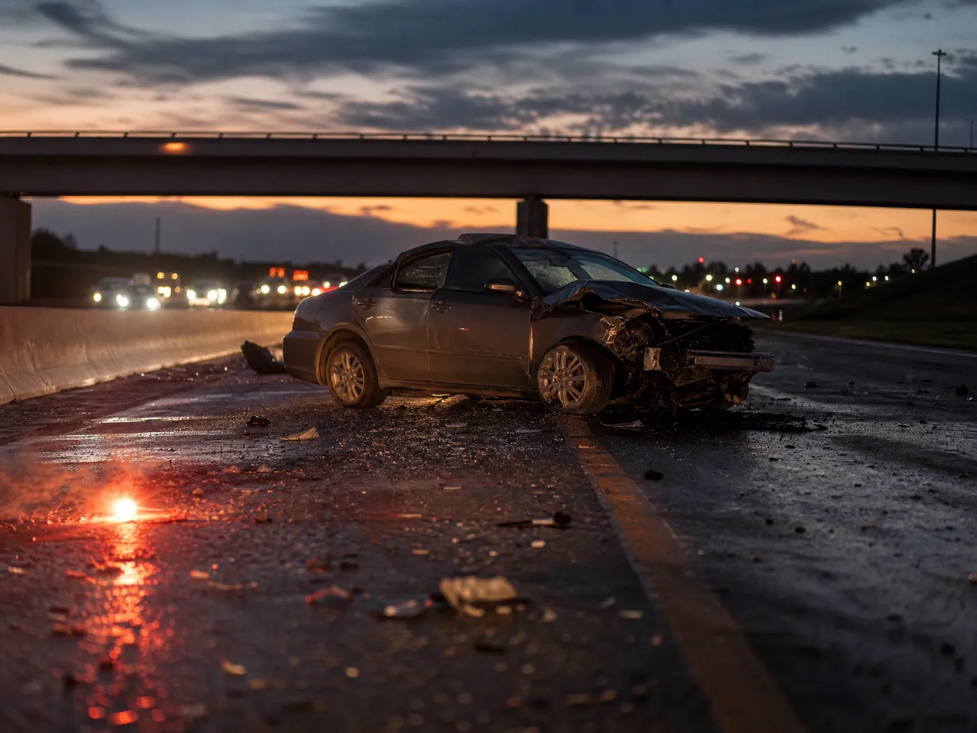 Aftermath of a highway collision at dusk