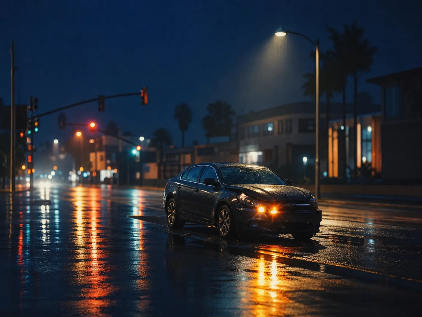 Damaged vehicle at a rain-slicked intersection at night