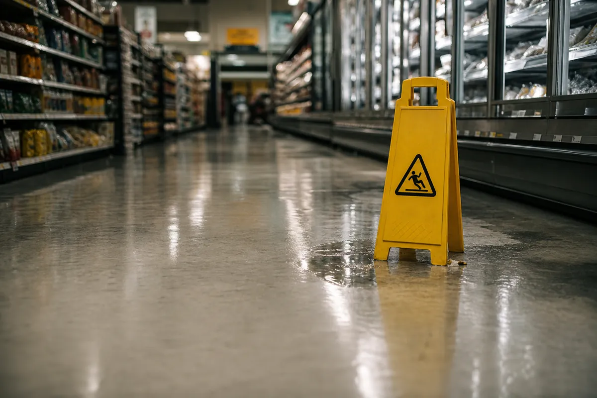 Wet floor sign in a store aisle